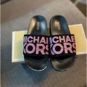 Black and Pink Diamond Michael Kors Slides for toddler girls